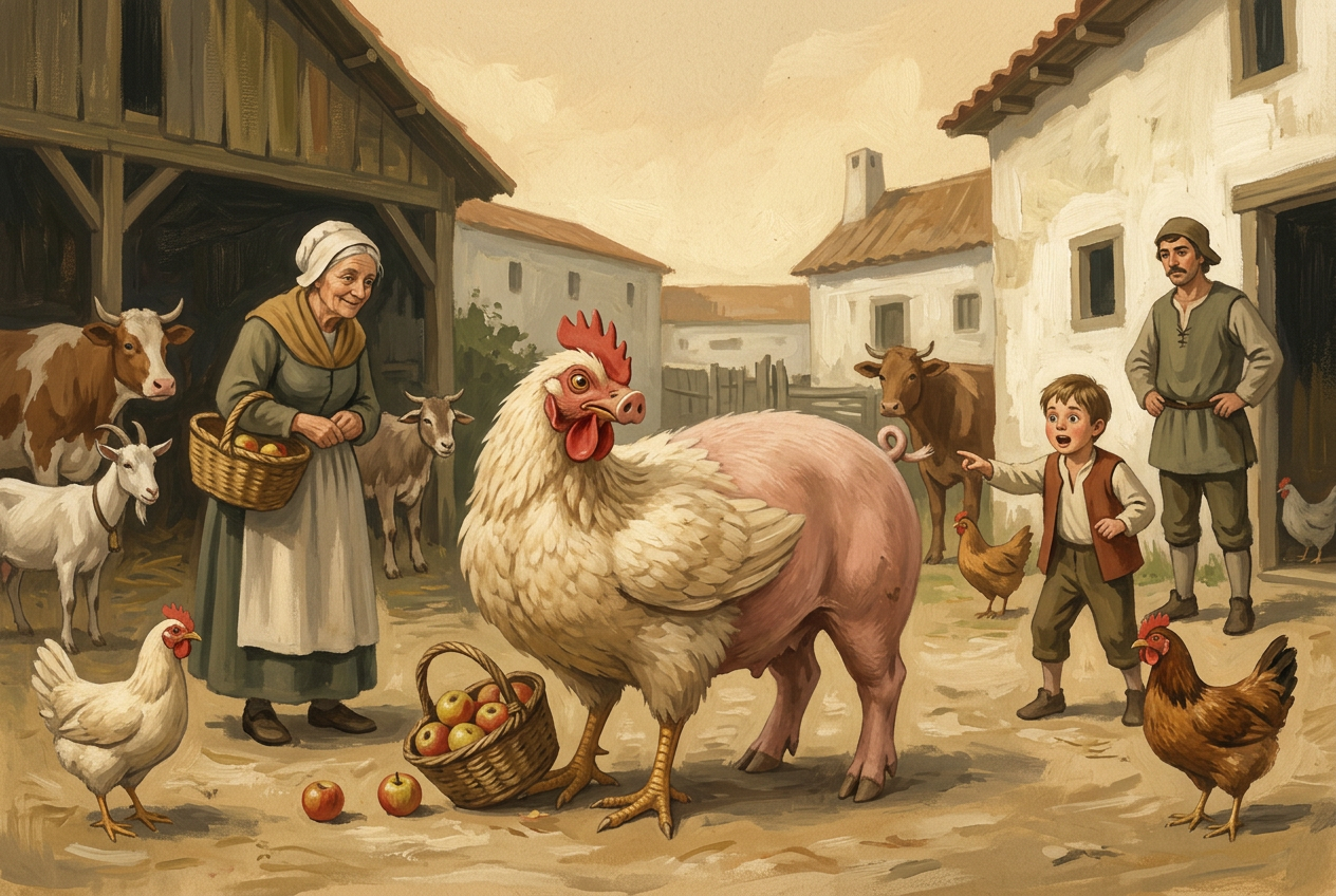 O Frangorco surpreende habitantes e animais num pátio rural medieval de Ponte do Mouro