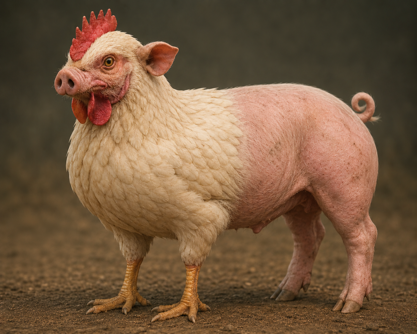 Ilustração do Frangorco, criatura imaginária com corpo de porco e cabeça e patas de frango